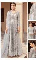 Embroidered net with handmade embellishments for front & back yoke.  Embroidered net panels for lengha + frock front & back.  Embroidered organza border for lengha + frock front & back.  Embroidered net for sleeves.  Embroidered net for dupatta.
