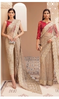 Embroidered net with handmade embellishments for front & back yoke.  Embroidered organza border for front, back yoke & sleeves.  Embroidered net for sleeves.  Embroidered net for saree.  Embroidered organza border for saree.  Embroidered organza border for saree pallu.  Embroidered organza motifs for saree pallu.