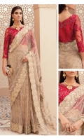 Embroidered net with handmade embellishments for front & back yoke.  Embroidered organza border for front, back yoke & sleeves.  Embroidered net for sleeves.  Embroidered net for saree.  Embroidered organza border for saree.  Embroidered organza border for saree pallu.  Embroidered organza motifs for saree pallu.