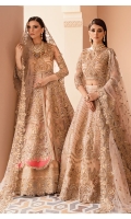 Embroidered net with handmade embellishments for front & back yoke.  Embroidered net with stones embellishments panels for lengha + frock front & back.  Embroidered organza with stones embellishments 1inches border for front.  Embroidered net for sleeves.  Embroidered net for dupatta.  Dyed zarri jacquard for lengha.  Embroidered organza border for lengha.