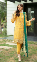 Stitched Embroidered chiffon front & back with embroidered organza border.  Embroidered chiffon dupatta.  Dyed raw silk stitched trousers with organza border.