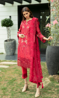 Stitched Embroidered chiffon front & back with embroidered organza border.  Embroidered chiffon dupatta.   Dyed raw silk stitched trousers with organza border.