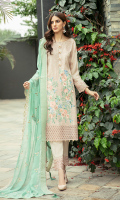 Stitched Embroidered chiffon front & back with embroidered organza border.  Embroidered chiffon dupatta.  Dyed raw silk stitched trousers with organza border.