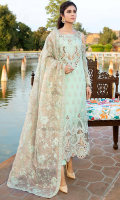 Embroidered chiffon with mirror embellishment for front: 1 yard  Embroidered chiffon for back: 1 yard  Embroidered organza border with cutwork & mirror embellishment for front & back: 2 yards  Embroidered chiffon with mirror embellishment for sleeves: 0.75 yard  Embroidered organza border with mirror embellishment for sleeves: 1 yard  Embroidered khadi net for dupatta: 2.75 yards  Dyed raw silk for trousers: 2.50 yards
