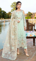 Embroidered chiffon with mirror embellishment for front: 1 yard  Embroidered chiffon for back: 1 yard  Embroidered organza border with cutwork & mirror embellishment for front & back: 2 yards  Embroidered chiffon with mirror embellishment for sleeves: 0.75 yard  Embroidered organza border with mirror embellishment for sleeves: 1 yard  Embroidered khadi net for dupatta: 2.75 yards  Dyed raw silk for trousers: 2.50 yards