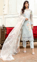 Embroidered cutwork organza for front: 1 yard  Handmade embellishment for front neck patch: 1 pc  Embroidered organza for back: 1 yard  Embroidered net for front & back borders: 2 yards  Embroidered cutwork organza for sleeves: 0.75 yard  Embroidered net border for sleeves: 1 yard  Embroidered net for dupatta: 2.75 yards  Embroidered raw silk for trousers: 2.50 yards