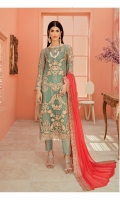 Embroidered chiffon for front: 1 yard  Embroidered chiffon for back: 1 yard  Embroidered organza border for front & back: 2 yards  Embroidered chiffon for sleeves: 0.75 yard  Embroidered organza border for sleeves: 1 yard  Embroidered chiffon for dupatta: 2.75 yards  Dyed raw silk for trousers: 2.50 yards  Embroidered organza motifs for trousers: 2pcs