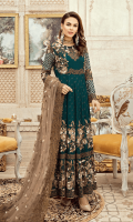 Embroidered chiffon for front & back yoke: 0.75 yard  Embroidered chiffon for front and back panels: 10pcs  Embroidered chiffon for sleeves: 0.75 yard  Embroidered net for dupatta: 2.75 yards  Raw silk for trousers: 2.50 yards