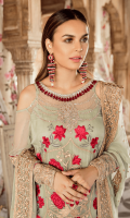Embroidered chiffon for front: 1 yard  Embroidered chiffon with handmade embellishment for neck patch: 1pcs  Embroidered organza 1inces border for front: 1 yard  Embroidered chiffon for back: 1.25 yards  Embroidered organza border for back: 1.50 yards  Embroidered chiffon for sleeves: 0.75 yard  Embroidered organza border for sleeves: 1 yard  Embroidered chiffon for dupatta: 2.75 yards  Raw silk for trousers: 2.50 yards  Embroidered organza motifs for trousers: 2 p