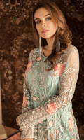 Embroidered net for front & back yoke: 0.75 yard  Embroidered net jaal for front & back: 2.50 yards  Embroidered organza border for front & back: 4.25 yards  Embroidered net for sleeves: 0.75 yard  Embroidered organza border for sleeves & trousers: 2 yards  Embroidered net for dupatta: 2.75 yards  Raw silk for trouser: 2.50 yard