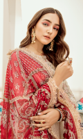 Embroidered chiffon jaal for front & back: 3 yards  EmbroideredOrganza with handmade embellishment for front neck: 1 pc  Embroidered organza border for front & back: 2.50 yards  Embroidered chiffon for sleeves: 0.75 yard  Embroidered chiffon for dupatta:  Dyed raw silk for trousers: 2.50 yards