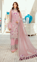 Embroidered organza with stones embellishment for front: 1 yard  Embroidered organza border for front: 1 yard  Embroidered organza for back: 1 yard  Embroidered organza border for back & sleeves: 2 yards  Plain organza for sleeves: 0.75 yard  Embroidered chiffon for dupatta:  Embroidered organza motifs for dupatta: 2 pcs  Embroidered organza motifs for dupatta: 4 pcs  Dyed raw silk for trousers: 2.50 yards  Embroidered organza border for trousers: 1 yard