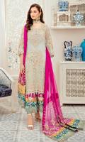 Embroidered chiffon with handmade embellishment for front: 1 yard  Embroidered organza border for front: 1 yard  Dyed plain chiffon for back: 1yard  Embroidered organza border for back: 1 yard  Embroidered chiffon with handmade embellishment for sleeves: 0.75 yard  Embroidered organza border for sleeves: 1 yard  Embroidered chiffon with colorful patch for dupatta:   Embroidered raw silk with colorful patch for trousers: