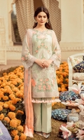 Embroidered chiffon for front: 1 yard  Embroidered organza for neck patch: 1 pcs  Embroidered organza border for front: 1 yard  Embroidered chiffon for back: 1 yard  Embroidered organza border for back: 1 yard  Embroidered chiffon sleeves: 0.75 yard  Embroidered organza border for sleeves: 1.25 yards  Embroidered chiffon for dupatta: 2.75 yards  Raw silk trousers: 2.50 yards  Embroidered organza motifs for trouser: 2 pcs