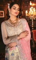 Embroidered chiffon for front: 1 yard  Embroidered organza border for front: 1 yard  Embroidered chiffon for back: 1 yard  Embroidered organza border for back: 1 yard  Embroidered chiffon for sleeves: 0.75 yards  Embroidered organza border for sleeves: 1 yard  Embroidered chiffon for dupatta  Raw silk for trousers: 2.50 yards  Embroidered organza motifs for trousers: 2 pcs