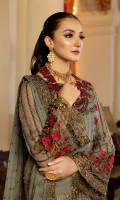 Embroidered chiffon with 3D flowers for front: 1 yard  Embroidered organza border for front & sleeves: 2 yards  Embroidered chiffon for with 3D flowers for back: 1 yard  Embroidered organza border for back: 1 yard  Embroidered chiffon for sleeves: 0.75 yard  Embroidered chiffon for dupatta:  Dyed zarri jacquard for trousers: 2.50 yards  Embroidered organza border for trousers: 1 yard