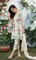 Embroidered swiss lawn for front  Embroidered swiss lawn 1 inch border for neck: 1 yard  Embroidered swiss lawn for back  Embroidered swiss lawn border for front and back: 2 yards  Embroidered swiss lawn for sleeves: 0.75 yard  Embroidered chiffon for dupatta: 2.75 yards  Cotton trousers: 2.5 yards