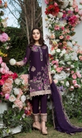 Embroidered swiss lawn for front  Embroidered swiss lawn for back  Embroidered swiss lawn border for front and back: 2 yards  Embroidered swiss lawn for sleeves: 0.75 yard  Embroidered swiss lawn border for sleeves: 1 yard  Embroidered chiffon dupatta: 2.75 yards  Cotton trousers: 2.5 yards