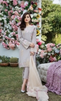 Embroidered swiss lawn for front  Embroidered swiss lawn for back  Embroidered swiss lawn border for back: 1 yard  Embroidered swiss lawn for sleeves  Embroidered chiffon for dupatta: 2.5 yards  Cotton trousers: 2.5 yards