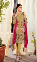 Embroidered chiffon with 3D flowers for front: 1 yard  Embroidered chiffon for back: 1 yard  Embroidered chiffon with 3D flowers for sleeves: 0.75 yard  Embroidered organza border for front & sleeves: 2 yard  Embroidered organza border for back & trousers: 2 yards  Embroidered chiffon for dupatta: 2.75 yards  Raw silk for trousers: 2.50 yards