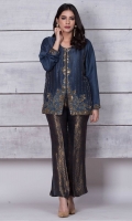 Pure raw silk jacket with sequins and cut dana work on the front. Dress it with black and gold jamawar boot cut trousers. Price includes trouser as shown in the picture.