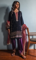 Navy blue Velvet kurta with pearl and dabka work on the neckline sleeves and daman, sleeves and daman finished with an screen printed hand embroidered organza pati and jewel motif on the gala.
