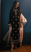 Black velvet kurta, with a jewel necklace around the neckline front of the kurta has motif embellished in kora, dabka, pale pink resham. Daman corner embroidered intricately for a beautiful finish.