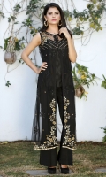 Black sleeveless net jacket with delicate machine embroidery and hand embellishment. Black silk slip included.
