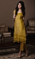 Herbal Tea color karandi kurta with applique embroidery on the front, boat neck detailed in stones and pearls and daman finished with organza pati.