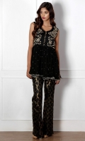 A pure chiffon peplum style top with dubka work on the front and sequins chan.