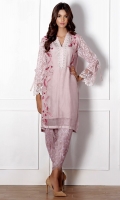 A pure organza kurta intricately embroidered, neck pati detailed with crochet lace and pearls and sequins and bubble sleeves.