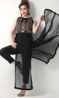 Bold and elegant black chiffon long top with handwork details on the bodice. A perfect dinner wear.