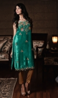 Pure velvet green shirt with net bodice worked in sequins, beads and Swarovski stone on the front and daman.  Includes complementary pure silk pants and chiffon duppatta