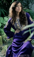 "Sapphire Blue" zardozi and maroori work in gold, with kundan, resham and sequins work around the neckline; pure silk shirt with screen print detailing
