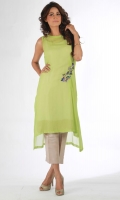 Apple green pleated chiffon top with motif in floral and bird made in zardoozi with resham and sequins. Includes pure silk lining