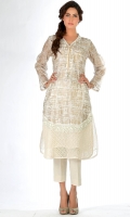 “Ivory gold” screen print shirt, detailed with applique and lace on the daman; neckline has a chain attached with a small brooch under I; box pleat at the back.