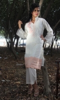 Chikan shirt with lace detailing on the side and embroidered motif on the side and lace appliquéd on the daman.