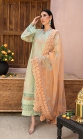 MESORI LAWN EMB FRONT 1.25 MTR  MESORI LAWN EMB SLEEVE 0.65 MTR  MESORI LAWN DYED BACK 1.25 MTR  ORGANZA PASTE PRINTED DUPATTA 2.5 MTR  DYED CAMBRIC TROUSER 2.5 MTR