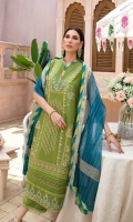 LAWN EMB FRONT 1.25 MTR  LAWN PASTE PRINTED BACK & SLEEVES 1.75 MTR  ORGANZA BANARSI DUPATTA 2.5 MTR  DYED CAMBRIC TROUSER 2.5 MTR
