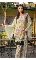 PRINTED EMB LAWN FRONT : 1.25 MTR PRINTED LAWN BACK & SLEEVES : 1.9 MTR PRINTED CAMBRIC TROUSER : 2.5 MTR PRINTED CHIFFON DUPATTA : 2.5 MTR ACCESSORIES SHIRT MOTIF : 2 PCS TROUSER MOTIF : 2 PCS