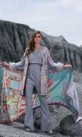 EMB FRONT : 1.25 MTR PRINTED JACQAURD LINEN BACK : 1.25 MTR EMB JACQAURD LINEN SLEEVES : 0.65 MTR PRINTED LINEN TROUSER : 2.5 MTR DIGITAL EMB JACQUARD SHAWL : 2.5 MTR ACCESSORIES :  LACE : 1 PC