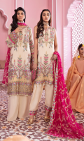 Shirt Front: Embroidered Chinon with Applique Shirt Back: Embroidered Chinon Sleeves: Embroidered Chinon Dupatta: Foil Printed Chiffon Neckline: Embroidered Organza Sleeve Lace 1: Embroidered Organza Sleeve Lace 2: Embroidered Organza Sleeve Lace 3: Embroidered Organza Front & Back Lace 1: Embroidered Organza Front & Back Lace 2: Embroidered Organza Dupatta Lace: Embroidered Organza (4 Sides) Trouser: Dyed Raw Silk