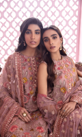 Shirt Front: Embroidered Chiffon Shirt Back: Embroidered Chiffon Sleeves: Embroidered Chiffon Dupatta: Embroidered Net Shirt Front Patch: Embroidered Organza Shirt Back Patch: Embroidered Organza Sleeve Lace: Embroidered Silk Dupatta Lace: Embroidered Silk (4 Sides) Trouser: Dyed Raw Silk