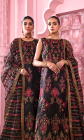 Frock Front: Embroidered Net with Adda Work Frock Back: Embroidered Net Frock Front Bodices: Embroidered Net with Adda Work Frock Back Bodice: Embroidered Net Sleeves: Embroidered Net with Adda Work Dupatta: Embroidered Net Front & Back Lace 1: Embroidered Organza Front & Back Lace 2: Embroidered Organza Sleeve Lace 1: Embroidered Organza Sleeve Lace 2: Embroidered Organza Dupatta Lace: Embroidered Organza: (4 Sides) Trouser: Dyed Raw Silk