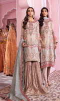 Shirt Front: Embroidered Chiffon with Applique Shirt Back: Embroidered Chiffon Sleeves: Embroidered Chiffon Dupatta: Embroidered Pure Organza Neckline: Embroidered Organza Sleeve Lace 1: Embroidered Organza Sleeve Lace 2: Embroidered Silk Front & Back Lace: Embroidered Organza Dupatta Lace: Embroidered Organza (4 Sides) Trouser: Foil Printed Silk