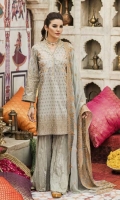 Shirt Front: Printed Embroidered Lawn Shirt Back & Sleeves: Printed Lawn Dupatta: Embroidered Chiffon Neck Lace: Organza Embroidered Trouser: Dyed Cambric