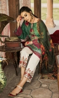 Shirt Front: Embroidered Lawn Shirt Back: Embroidered Lawn Sleeves: Embroidered Lawn Dupatta: Digital Printed Chiffon Sleeves Lace: Organza Embroidered Daman Lace: Organza Embroidered Trouser: Dyed ...