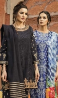 Shirt Front: Embroidered Lawn Shirt Back & Sleeves: Foil Printed Lawn Dupatta: Khadi Net Shawl Neck Line: Organza Embroidered Daman Lace: Organza Embroidered Trouser: Foil Printed Cambric