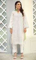 Shirt Front: Embroidered Lawn shirt back : dyed plain lawn Sleeves: Embroidered Lawn Dupatta: printed chiffon Sleeves lace: Embroidered Organza front &back lace: Embroidered Organza Trouser: Dyed Cambric