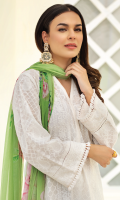 Shirt Front: Embroidered Lawn shirt back : dyed plain lawn Sleeves: Embroidered Lawn Dupatta: printed chiffon Sleeves lace: Embroidered Organza front &back lace: Embroidered Organza Trouser: Dyed Cambric